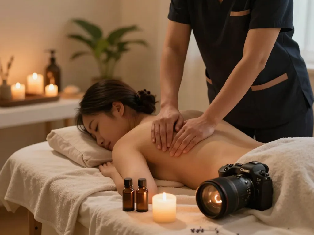 Client enjoying 오산출장마사지 in a soothing and tranquil home setting with candles and essential oils.