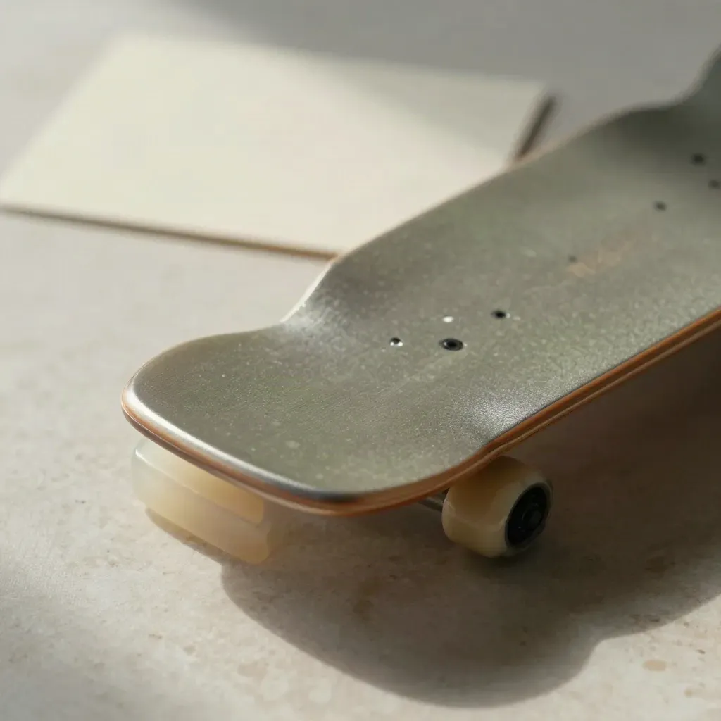 Macro side view of a translucent board with a satin metal spine on pale travertine.