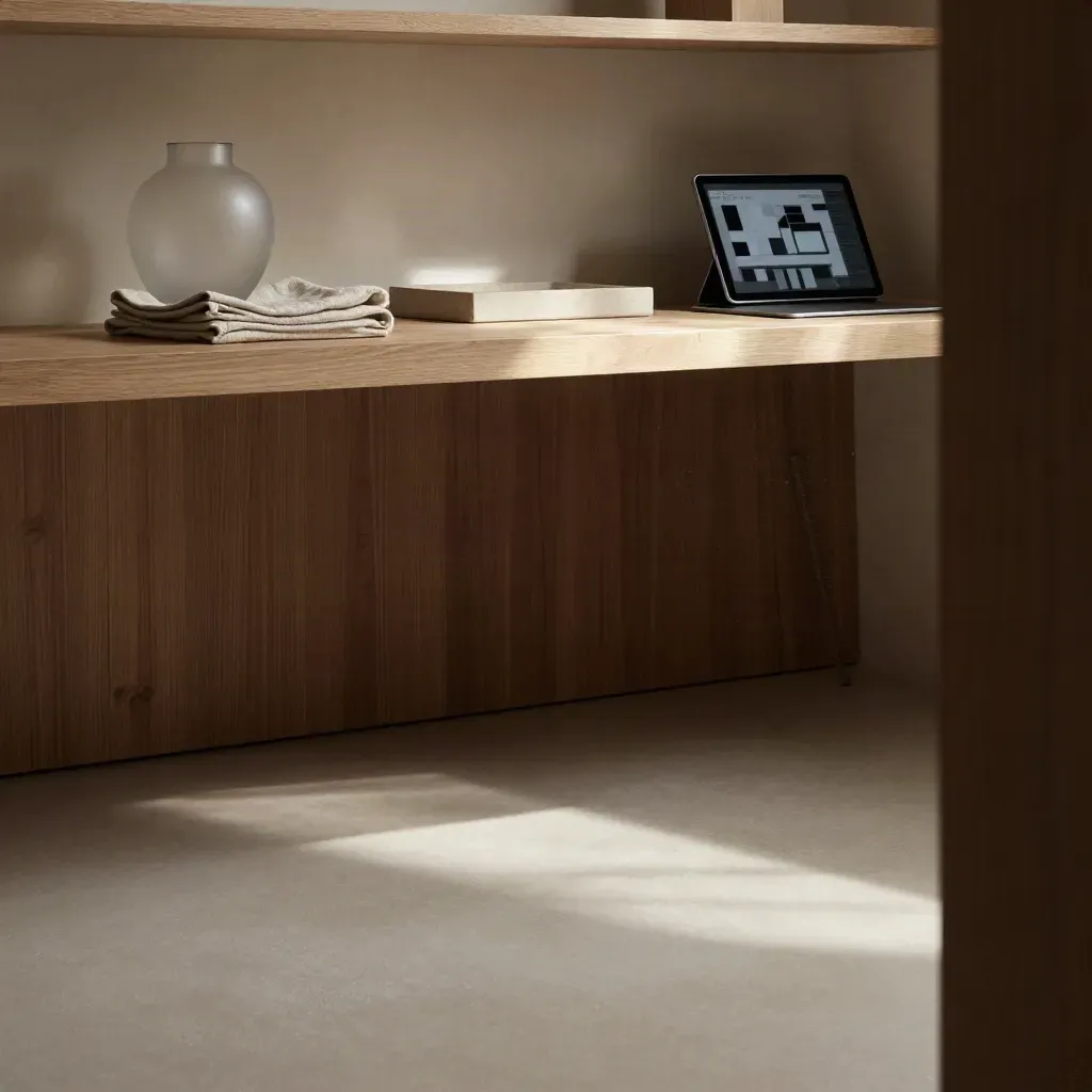 Sunlit oak atelier corner with linen, ceramic ledge, and soft abstract dashboard glow